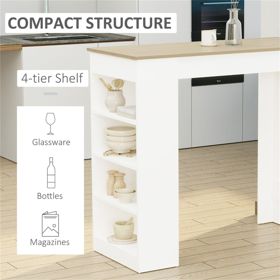 Modern Space-Saving Bar Table with Shelves, Natural Wood and White Finish