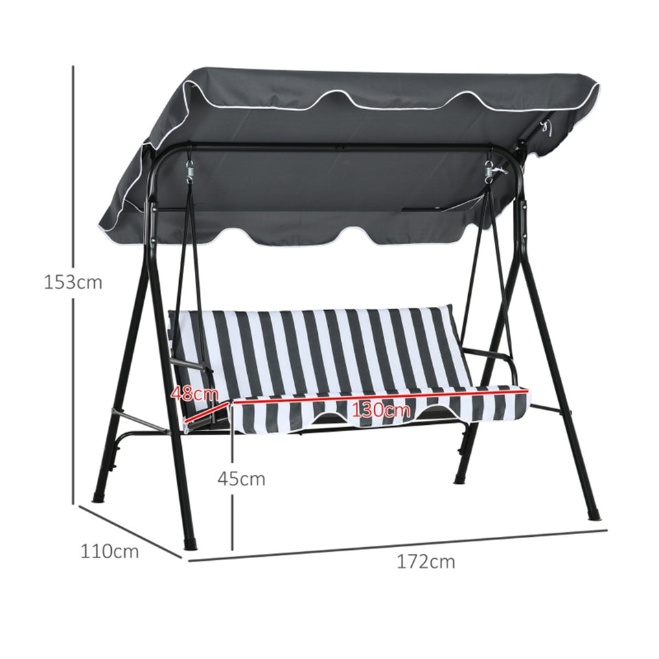 Lavish Kitchen Isle 3-seater canopy swing chair with cushions, grey and white striped fabric, steel frame, outdoor garden bench