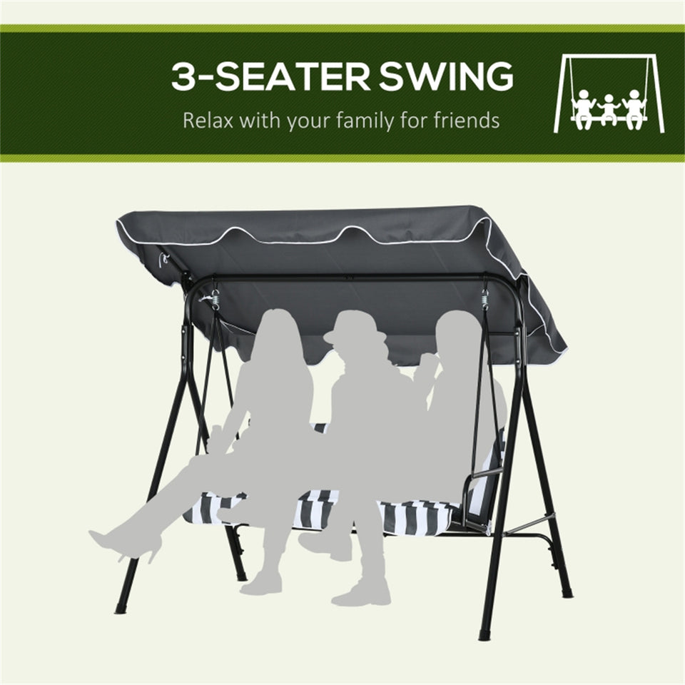 Lavish Kitchen Isle 3-seater canopy swing chair with cushions, steel frame, outdoor garden bench in grey and white stripes