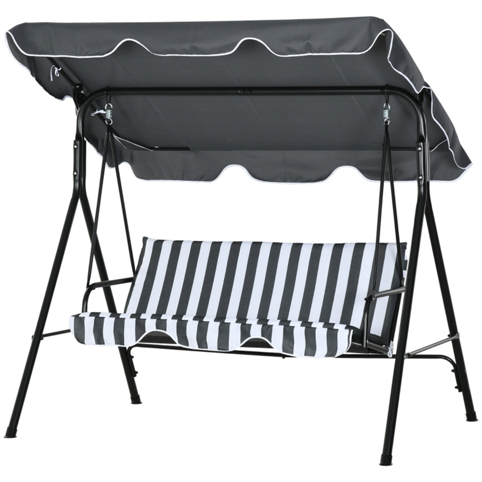 Lavish Kitchen Isle 3-seater canopy swing chair with cushions, adjustable outdoor garden bench, steel frame, grey and white stripe fabric