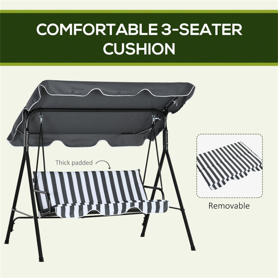 Lavish Kitchen Isle 3-seater canopy swing chair with cushions, adjustable outdoor steel garden bench in grey and white stripe.