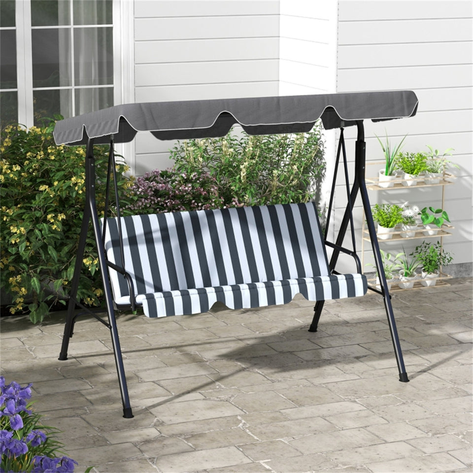 Lavish Kitchen Isle 3-seater canopy swing chair with cushions, adjustable outdoor garden bench, steel frame, grey and white stripe fabric