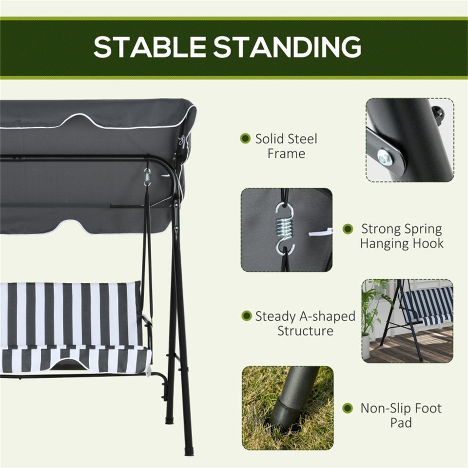 Lavish Kitchen Isle 3-seater canopy swing chair with grey and white striped cushions, adjustable outdoor garden bench with steel frame