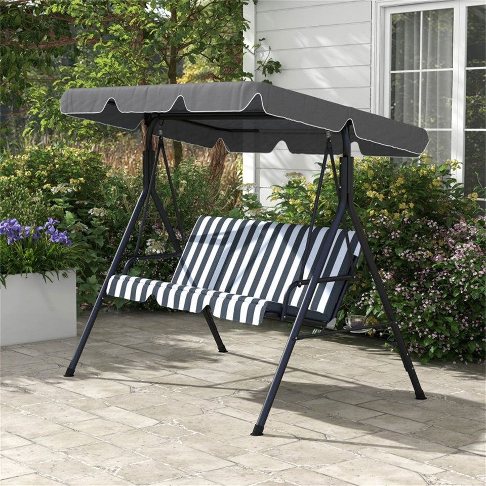 Lavish Kitchen Isle 3-seater canopy swing chair with grey and white striped cushions, adjustable outdoor garden bench with steel frame