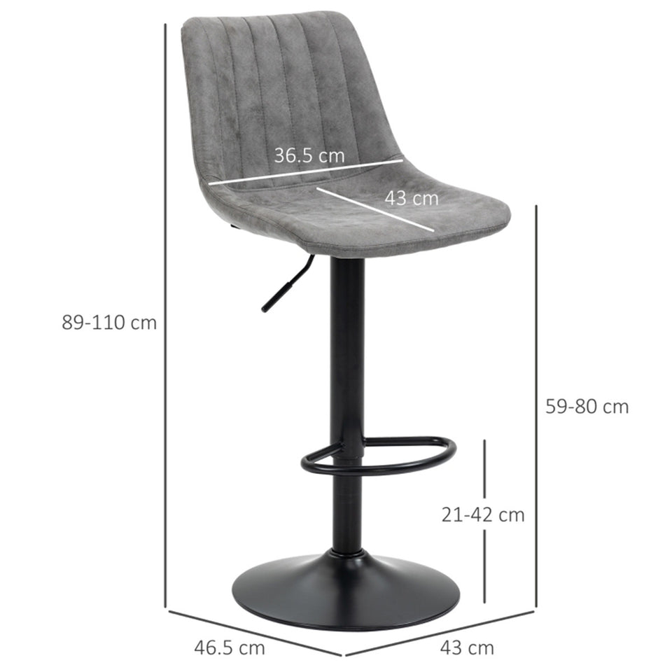 Set of 2 Grey Adjustable Bar Stools – Worn-Effect Microfibre Leather with Swivel & Footrest