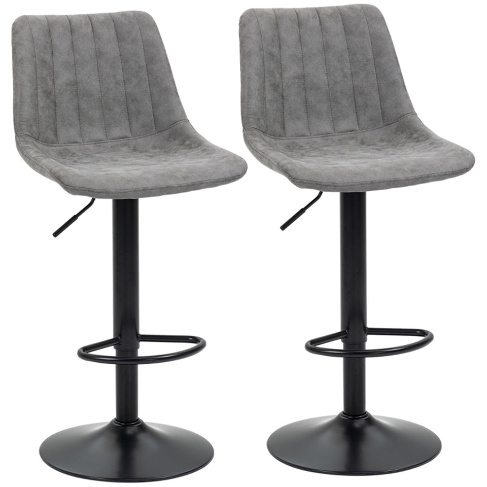Set of 2 Grey Adjustable Bar Stools – Worn-Effect Microfibre Leather with Swivel & Footrest
