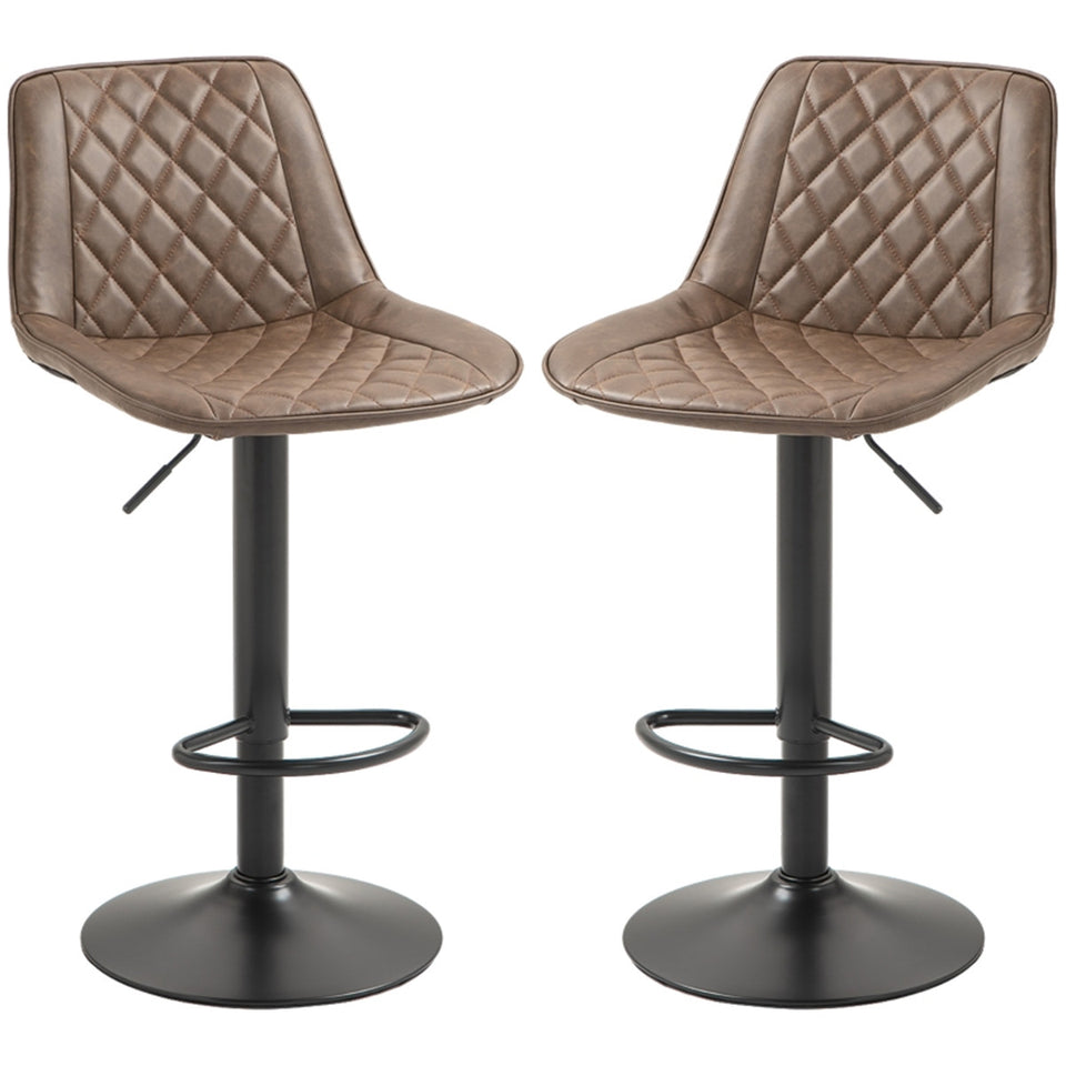 Set of 2 Adjustable PU Leather Bar Stools – Brown Swivel Chairs with Footrest