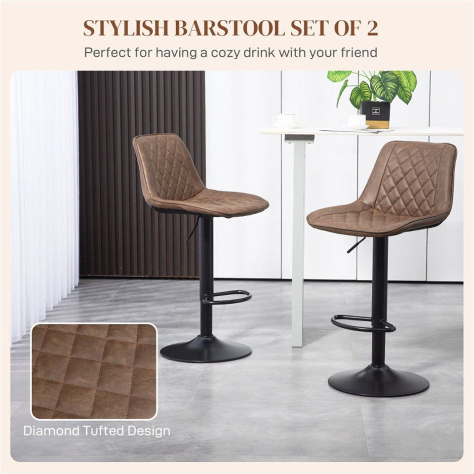 Set of 2 Adjustable PU Leather Bar Stools – Brown Swivel Chairs with Footrest