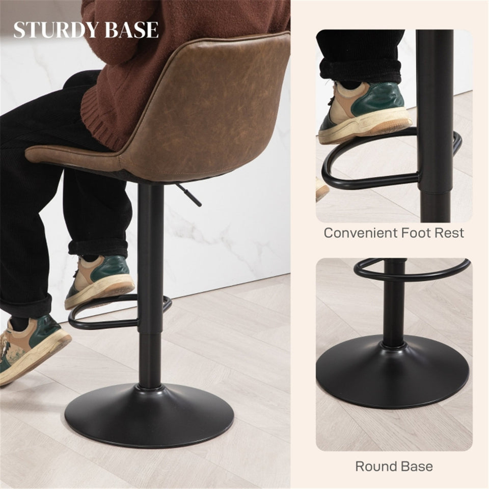 Set of 2 Adjustable PU Leather Bar Stools – Brown Swivel Chairs with Footrest
