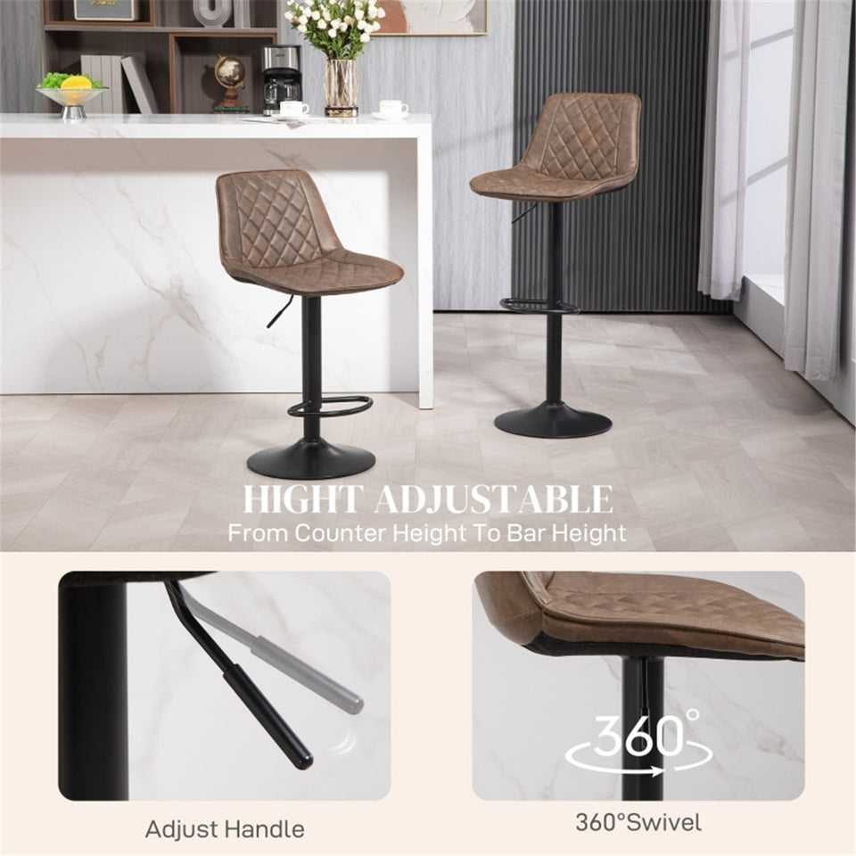 Set of 2 Adjustable PU Leather Bar Stools – Brown Swivel Chairs with Footrest