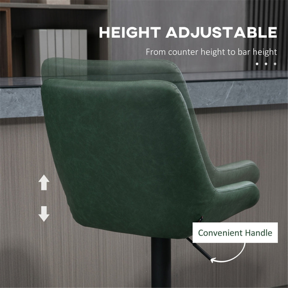 Set of 2 green faux leather bar stools with adjustable height and swivel feature from Lavish Kitchen Isle.