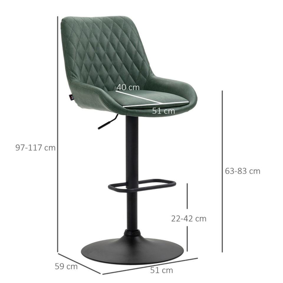 Set of 2 green faux leather bar stools by Lavish Kitchen Isle with adjustable height and swivel features, shown in a modern kitchen setting.