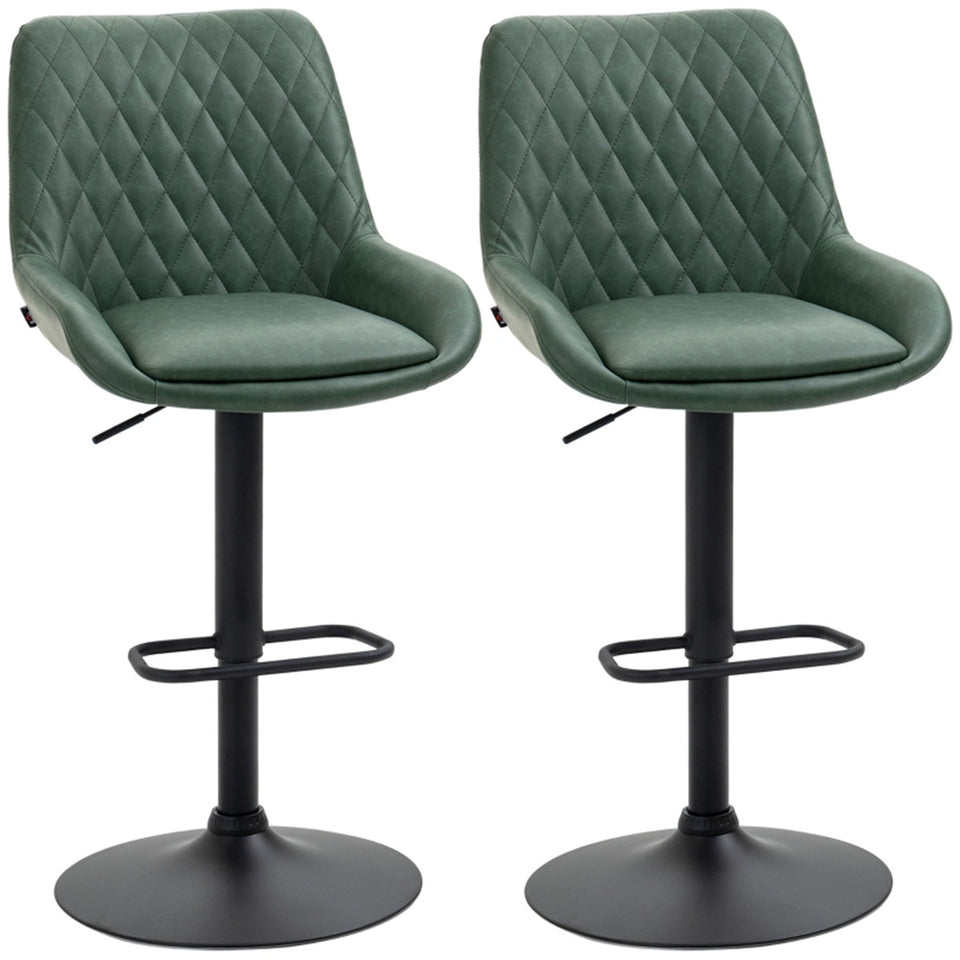 Set of 2 green faux leather bar stools with adjustable height and swivel features, perfect for modern kitchen or bar area.