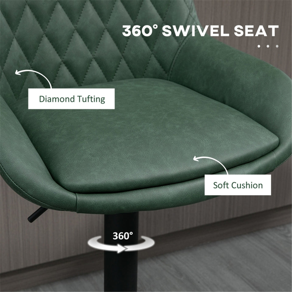 Set of 2 green faux leather bar stools by Lavish Kitchen Isle with adjustable height and swivel feature, shown with modern design.