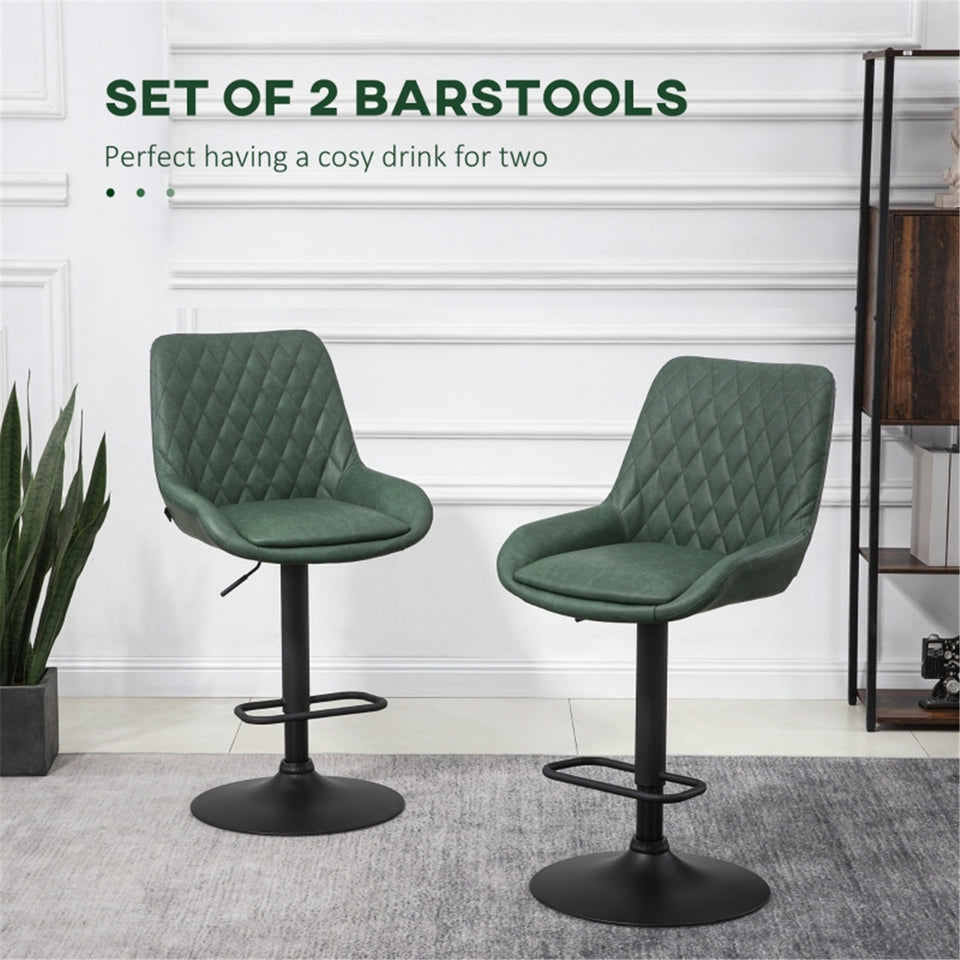 Set of 2 green faux leather bar stools with adjustable height and swivel feature, ideal for modern kitchen or bar area.