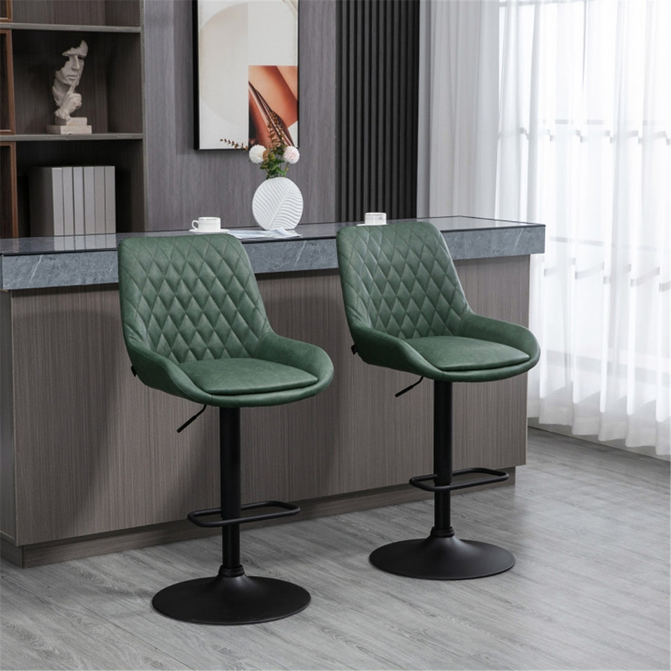 Set of 2 green faux leather bar stools with adjustable height and swivel features, perfect for modern kitchen or bar area.