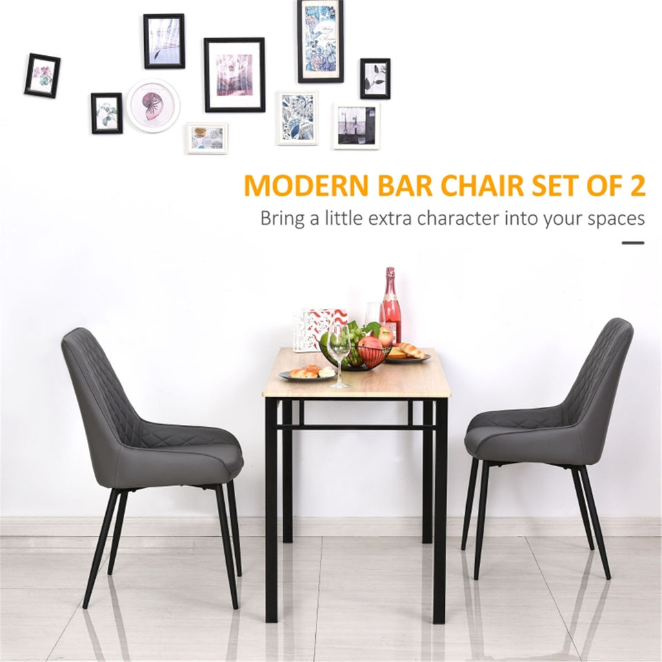 Set of 2 Grey Dining Chairs – Quilted PU Leather with Metal Legs