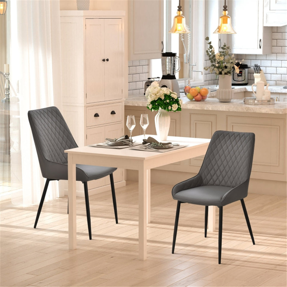 Set of 2 Grey Dining Chairs – Quilted PU Leather with Metal Legs