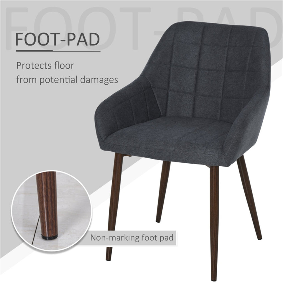 Set of 2 Modern Dining Chairs – Dark Grey Linen Fabric with Armrests & Steel Legs