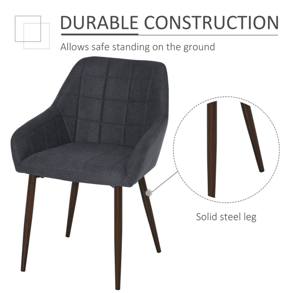 Set of 2 Modern Dining Chairs – Dark Grey Linen Fabric with Armrests & Steel Legs