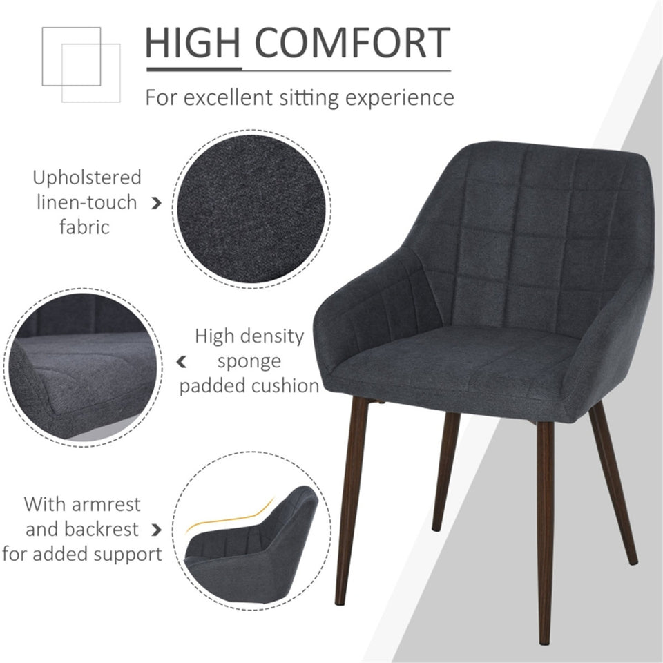 Set of 2 Modern Dining Chairs – Dark Grey Linen Fabric with Armrests & Steel Legs