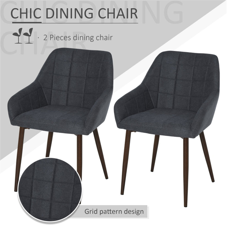 Set of 2 Modern Dining Chairs – Dark Grey Linen Fabric with Armrests & Steel Legs