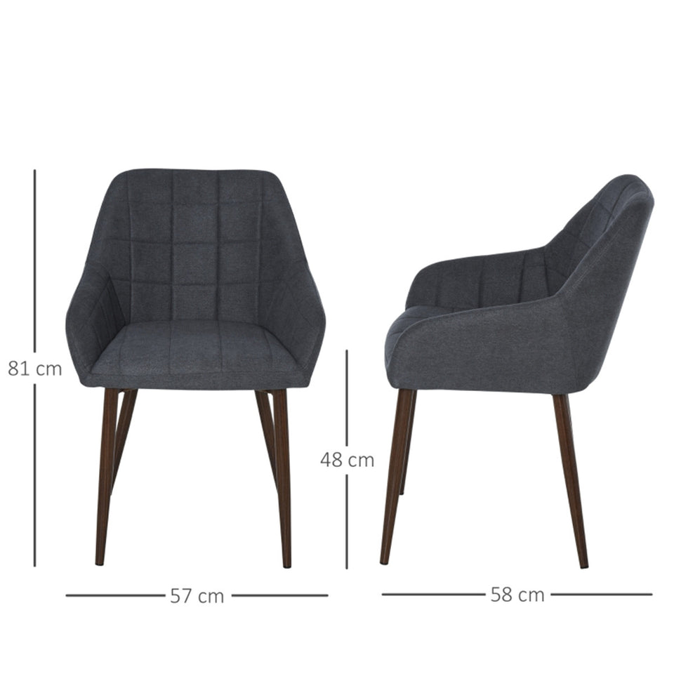 Set of 2 Modern Dining Chairs – Dark Grey Linen Fabric with Armrests & Steel Legs