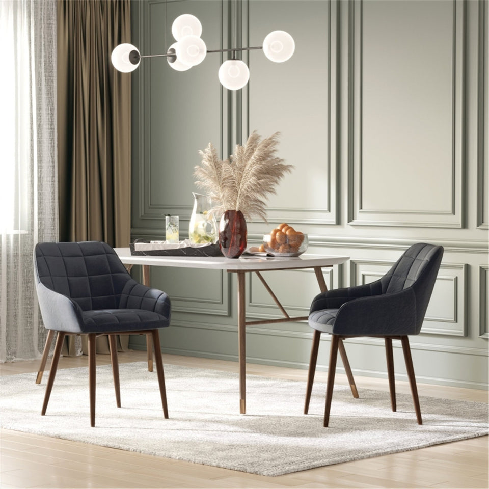 Set of 2 Modern Dining Chairs – Dark Grey Linen Fabric with Armrests & Steel Legs