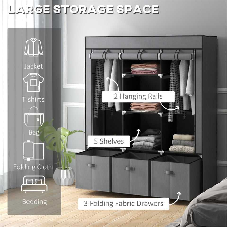 Dark Grey Fabric Wardrobe with 2 Hanging Rods, 5 Shelves & 3 Drawers - Strong Steel Frame & Dust-Proof Cover