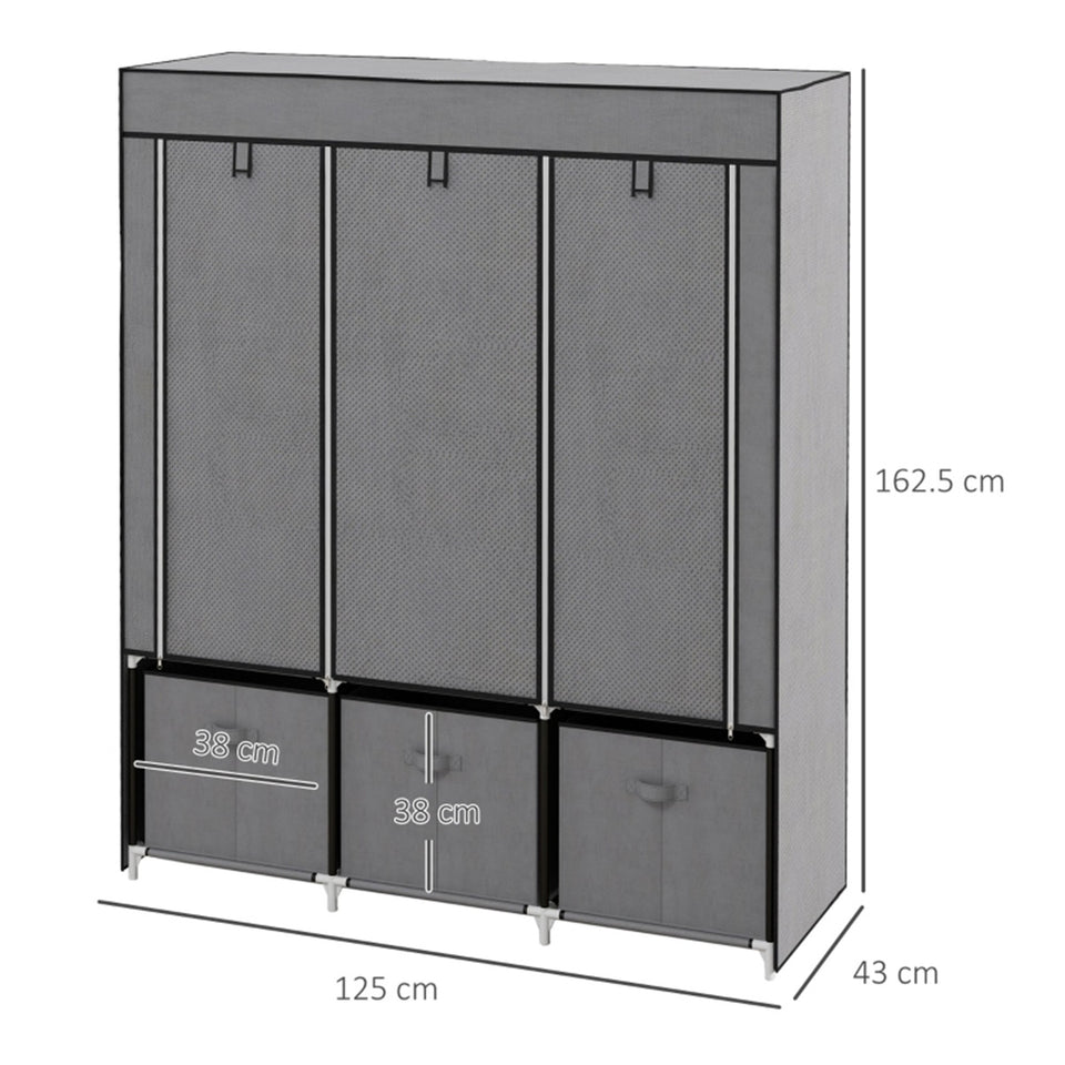 Dark Grey Fabric Wardrobe with 2 Hanging Rods, 5 Shelves & 3 Drawers - Strong Steel Frame & Dust-Proof Cover