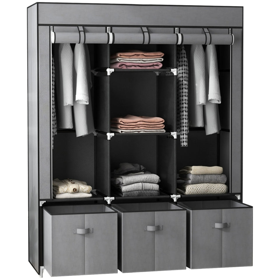Dark Grey Fabric Wardrobe with 2 Hanging Rods, 5 Shelves & 3 Drawers - Strong Steel Frame & Dust-Proof Cover
