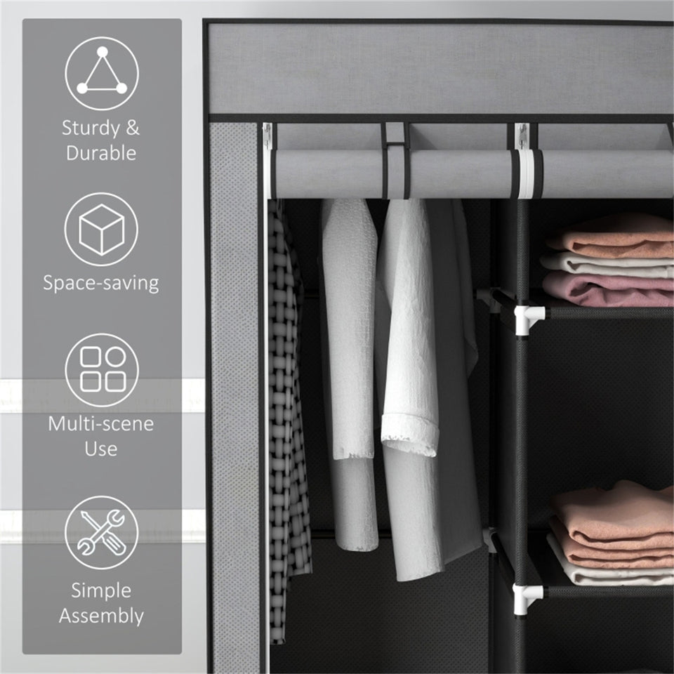 Dark Grey Fabric Wardrobe with 2 Hanging Rods, 5 Shelves & 3 Drawers - Strong Steel Frame & Dust-Proof Cover