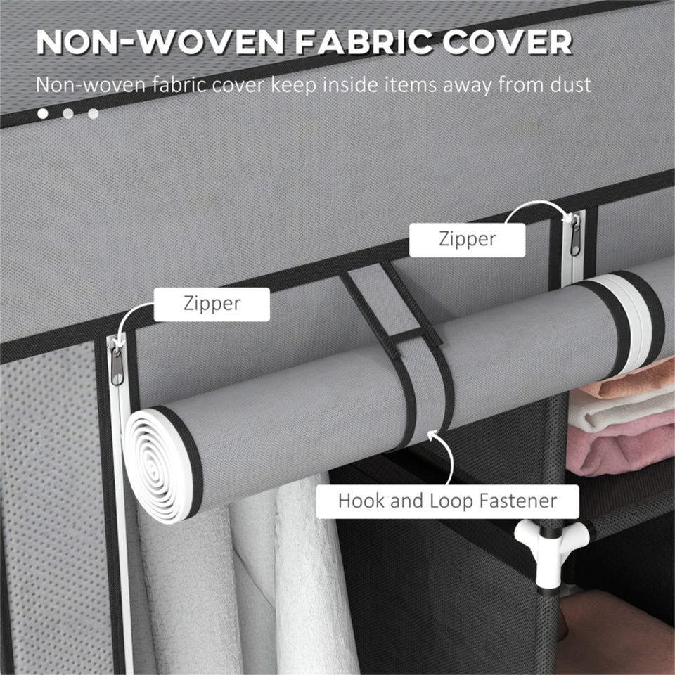 Dark Grey Fabric Wardrobe with 2 Hanging Rods, 5 Shelves & 3 Drawers - Strong Steel Frame & Dust-Proof Cover
