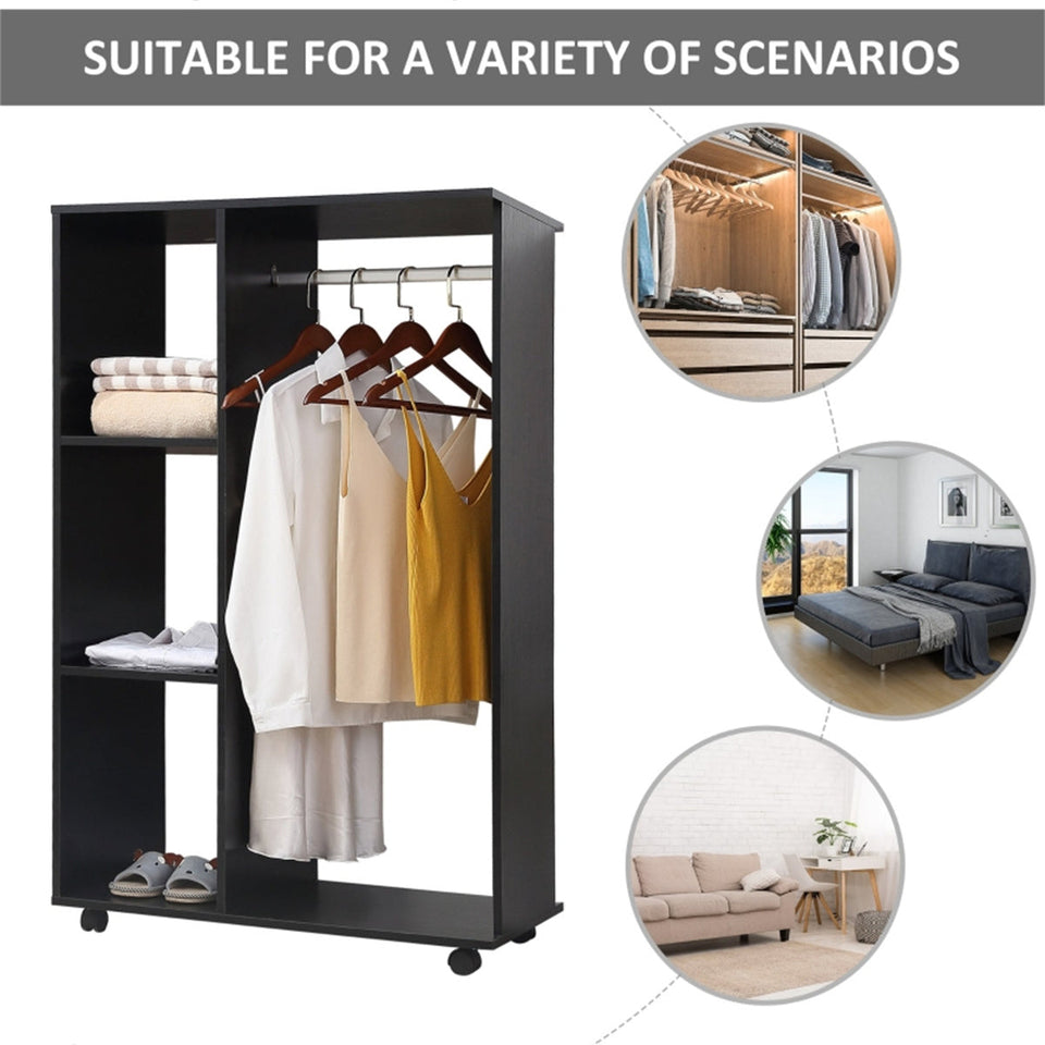 Rolling Wardrobe with Aluminium Hanging Rail and Shelves for Bedroom, Cloakroom, Guest Room
