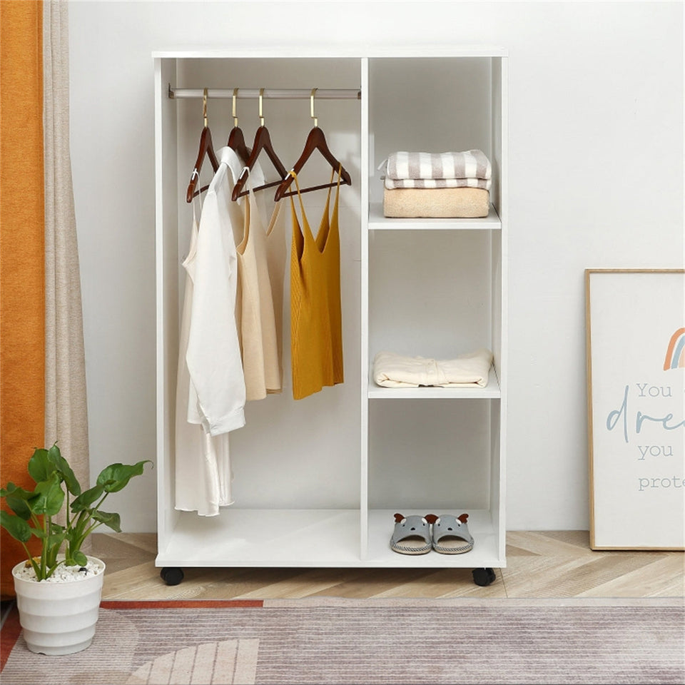 Rolling Wardrobe with Aluminium Hanging Rail and Shelves for Bedroom, Cloakroom, Guest Room