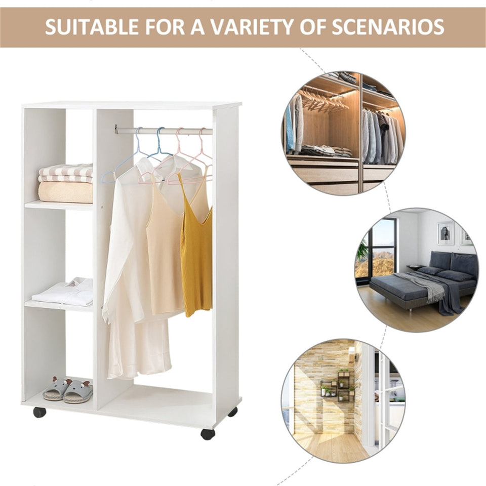 Rolling Wardrobe with Aluminium Hanging Rail and Shelves for Bedroom, Cloakroom, Guest Room