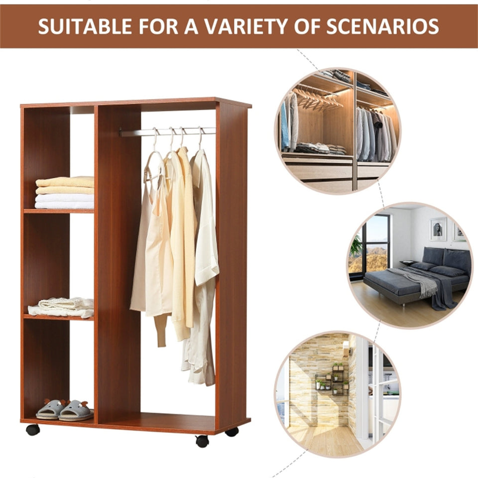 Rolling Wardrobe with Aluminium Hanging Rail and Shelves for Bedroom, Cloakroom, Guest Room