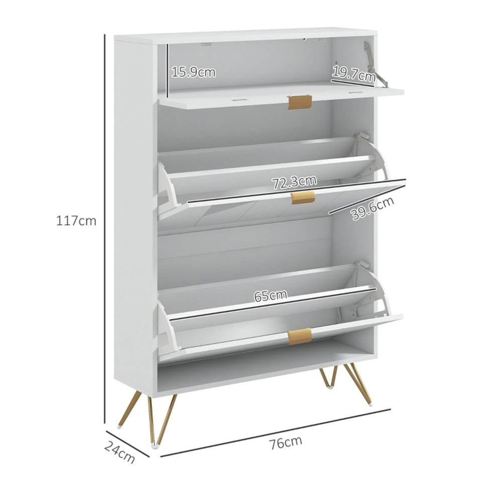 Narrow White Shoe Cabinet with 2 Flip Drawers and Top Drawer - Fits 12 Pairs - Modern Design with Gold & Silver Accents