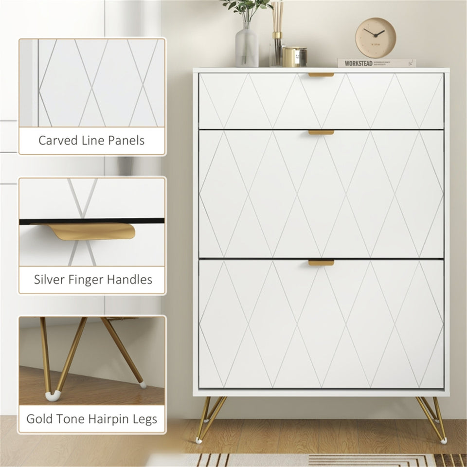 Narrow White Shoe Cabinet with 2 Flip Drawers and Top Drawer - Fits 12 Pairs - Modern Design with Gold & Silver Accents