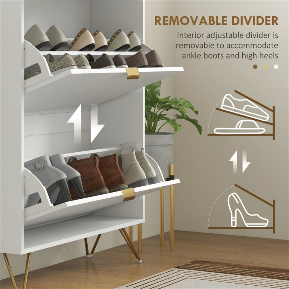 Narrow White Shoe Cabinet with 2 Flip Drawers and Top Drawer - Fits 12 Pairs - Modern Design with Gold & Silver Accents
