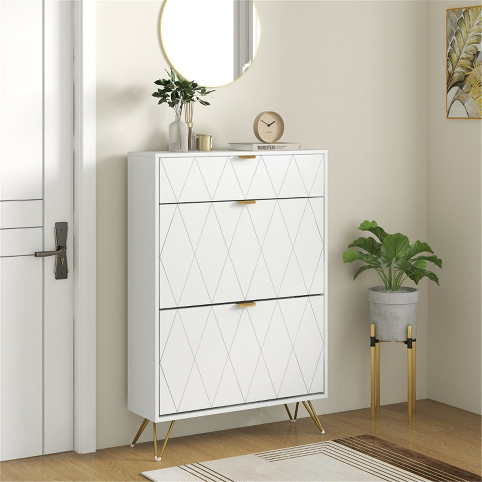 Narrow White Shoe Cabinet with 2 Flip Drawers and Top Drawer - Fits 12 Pairs - Modern Design with Gold & Silver Accents