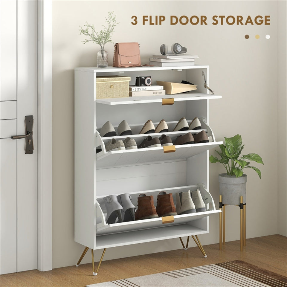 Narrow White Shoe Cabinet with 2 Flip Drawers and Top Drawer - Fits 12 Pairs - Modern Design with Gold & Silver Accents