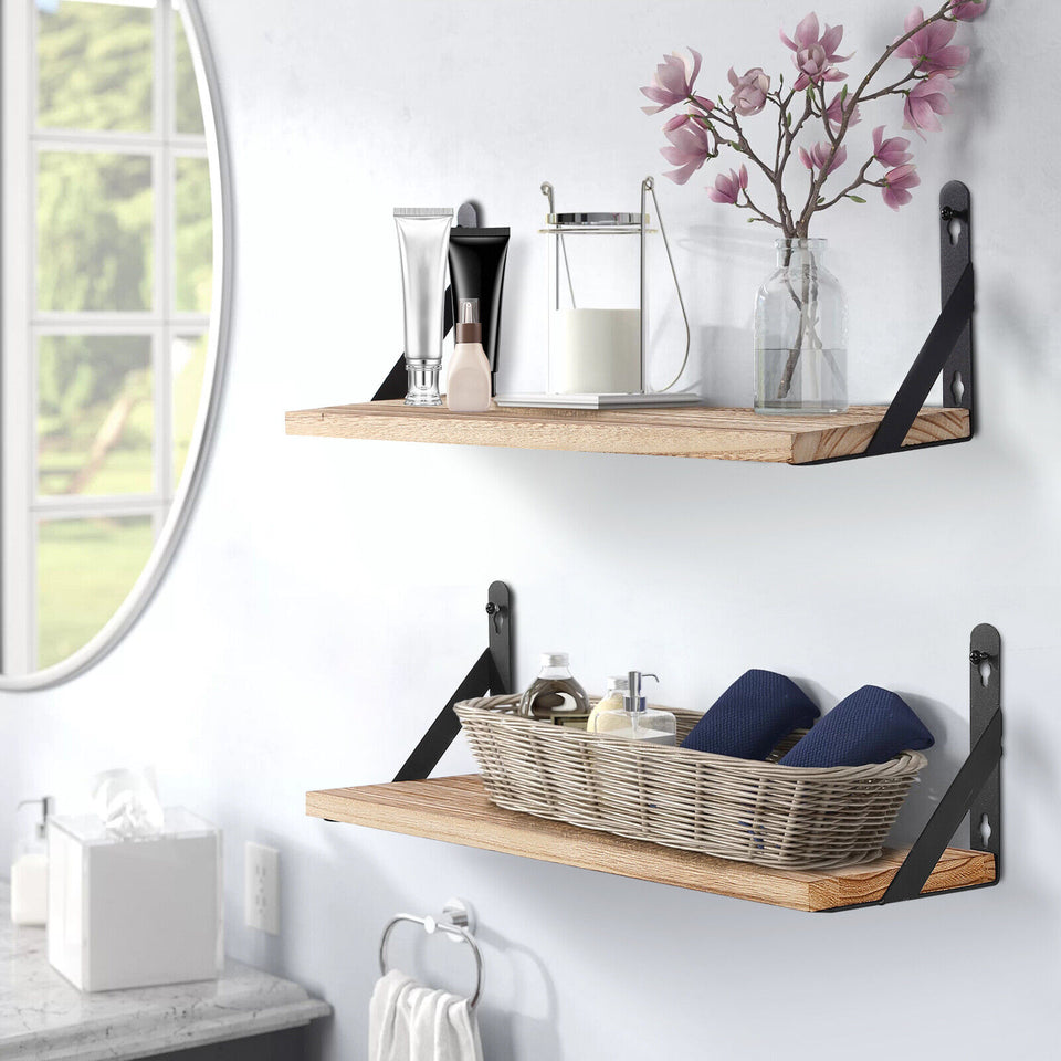 Rustic Floating Wall Shelves with Towel Holder – Wood & Metal Storage Rack