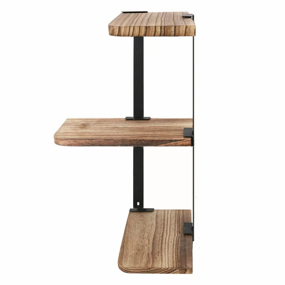 Rustic Corner Floating Shelf – 3-Tier Pinewood & Black Metal Rack