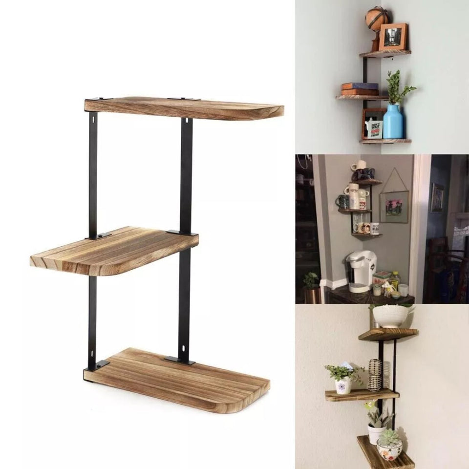 Rustic Corner Floating Shelf – 3-Tier Pinewood & Black Metal Rack