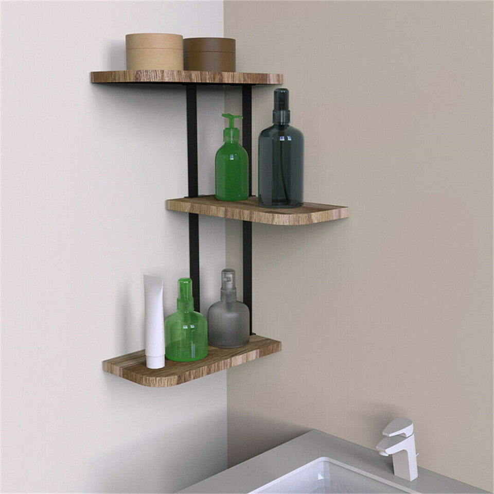 Rustic Corner Floating Shelf – 3-Tier Pinewood & Black Metal Rack