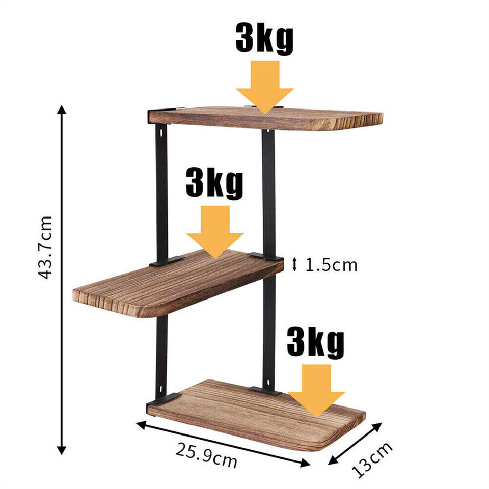 Rustic Corner Floating Shelf – 3-Tier Pinewood & Black Metal Rack