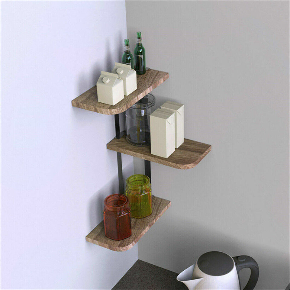 Rustic Corner Floating Shelf – 3-Tier Pinewood & Black Metal Rack