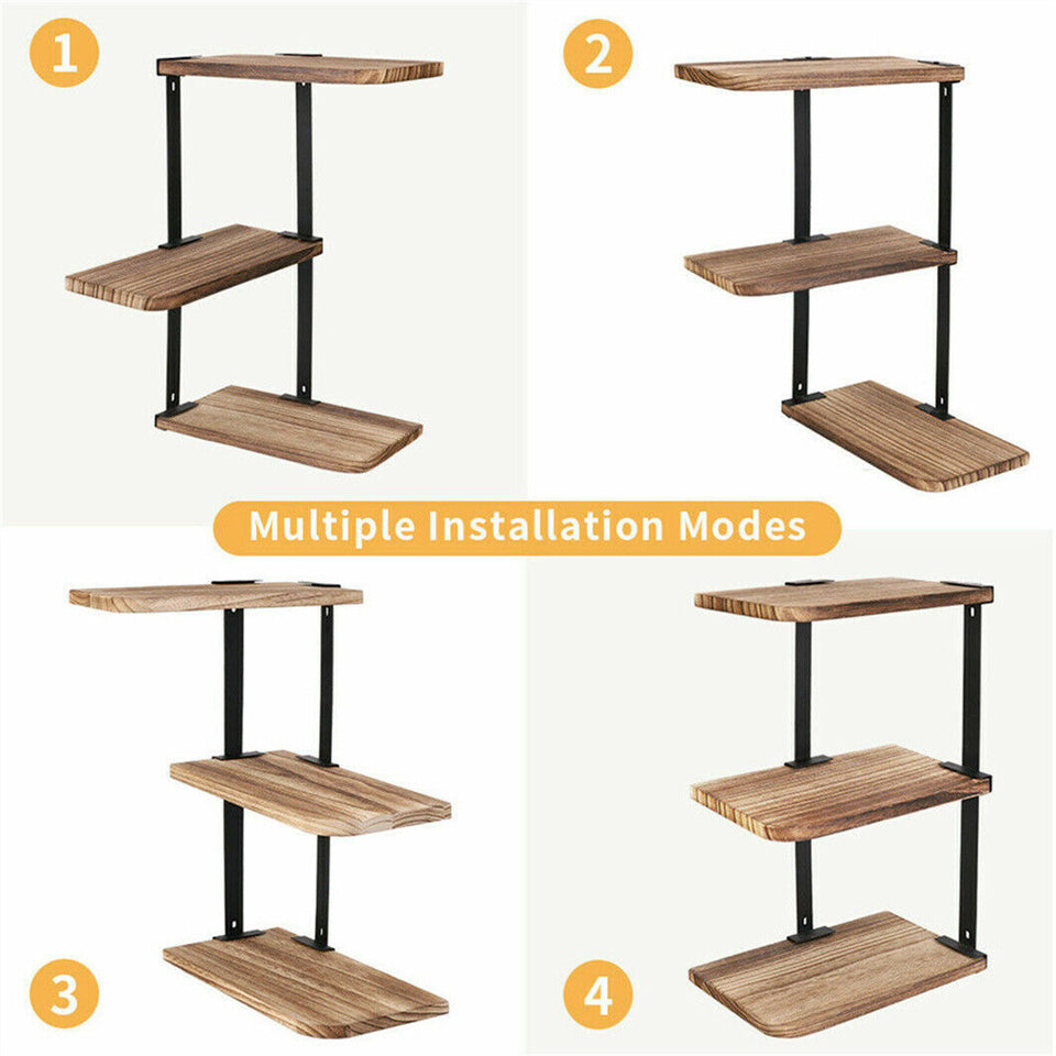 Rustic Corner Floating Shelf – 3-Tier Pinewood & Black Metal Rack