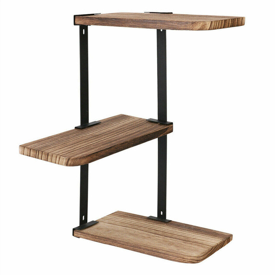 Rustic Corner Floating Shelf – 3-Tier Pinewood & Black Metal Rack